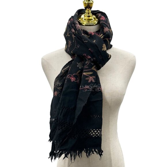 Black Floral Embroidered Scarf Shawl Decor Tapestry with Fringe & Lace Detailing - Picture 3 of 5